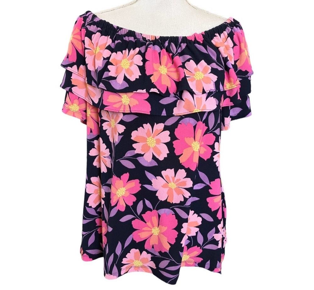 Charter Club Navy Pink Purple Floral Ruffle Short Sleeve Top XL